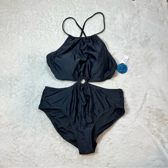 Decree Other - Decree Black Cutout Textured Ribbed One Piece Swimsuit Halter Neck Tie Open Back